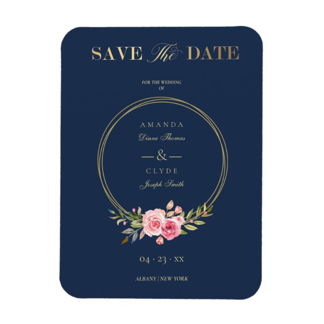 Custom Navy Elegant Pink Garland Wreath Wedding Magnet (Vertical)