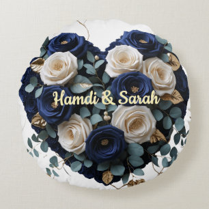 Custom Navy Gold Floral Monogram Round Pillow