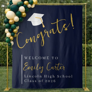 Custom Navy Gold Graduation Backdrop Class 2026 Tapestry