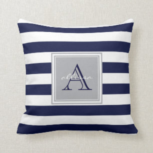 CUSTOM Navy Monogrammed Awning Stripe Cushion