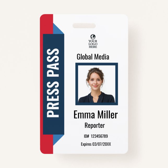 Custom Navy & Red Media Pass | Press ID  Badge ID Badge (Front)