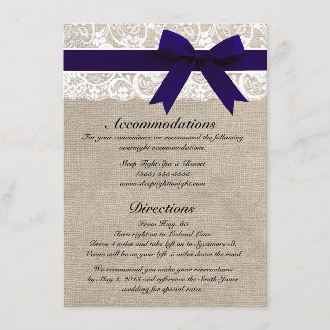 Custom Navy & White Lace Accommodations/Directions Enclosure Card (Front)