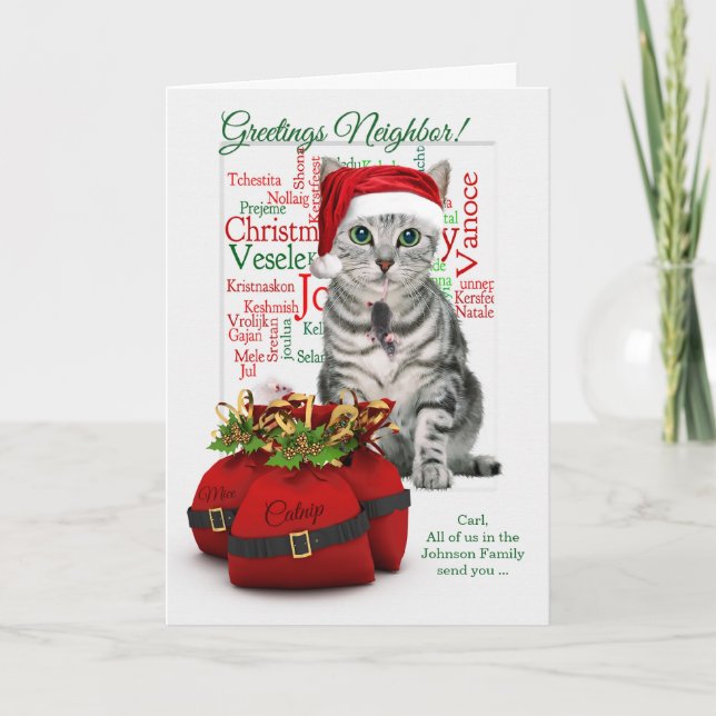 Custom Neighbour Christmas Tabby Cat Holiday Card (Front)