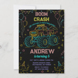 Custom neon Bash Monster Truck Birthday Party Invitation
