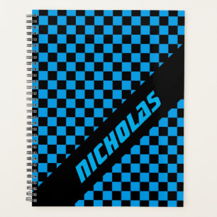 Custom Neon Blue Chequered Pattern Planner