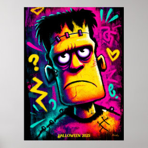 Custom Neon Frankenstein Retro Halloween Design Poster