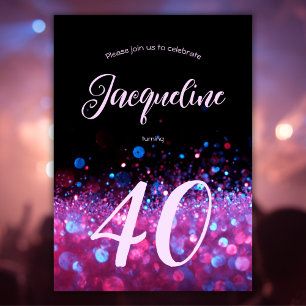 Custom Neon Glow Pink Glitter Script 40th birthday Invitation