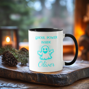 Custom Neon Halloween Mug - Cyan Ghost Design