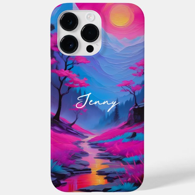 Custom Neon Painting Landscape Magenta Cyan Name Case-Mate iPhone Case (Back)