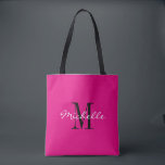 Custom neon pink and black monogrammed tote bags<br><div class="desc">Custom hot neon pink and black monogram tote bags. Stylish monogrammed design with glamourous script typography for personalised name. Add your own custom initial letter. Classy party favour gift idea for chic wedding, fancy Birthday, anniversary, bachelorette, engagement, girls weekend, bridal shower, marriage etc. Customisable background colour. Trendy accessories for women...</div>