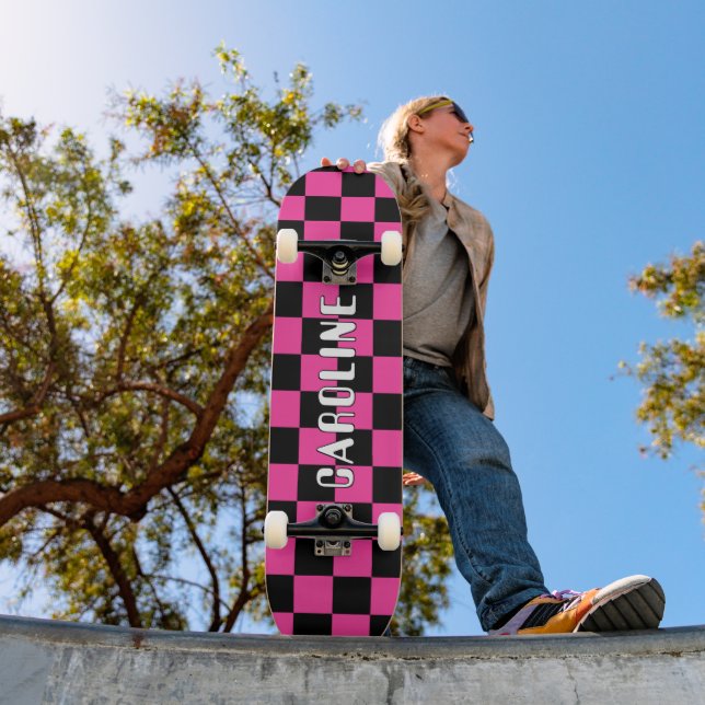 Custom Neon Pink Black Abstract Geometric Art Skateboard (Outdoor 1)