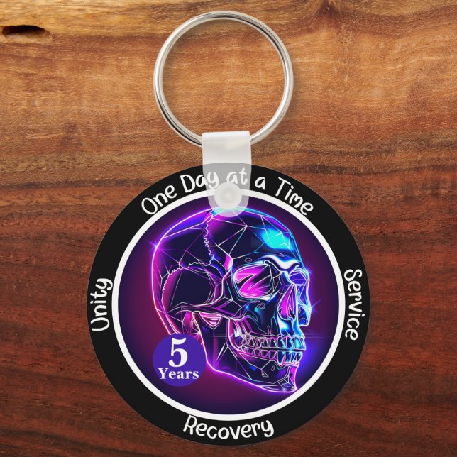 Custom Neon Skull 12-Step Milestone Gift Key Ring (Front)