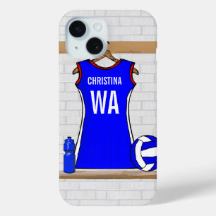 Custom Netball Uniform Blue with Red  and White iPhone 15 Case