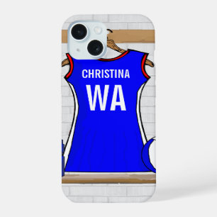Custom Netball Uniform Blue with Red and White iPhone 15 Case
