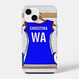 Custom Netball Uniform Blue with Red and White iPhone 14 Case