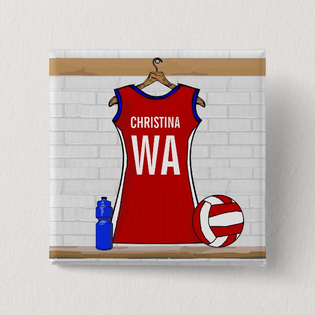 Custom Netball Uniform Red with Blue and White 15 Cm Square Badge (Front)