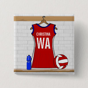 Custom Netball Uniform Red with Blue and White 15 Cm Square Badge