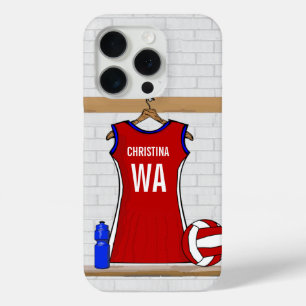 Custom Netball Uniform Red with Blue and White iPhone 15 Pro Case