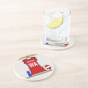 Custom Netball Uniform Red with Blue and White Coaster