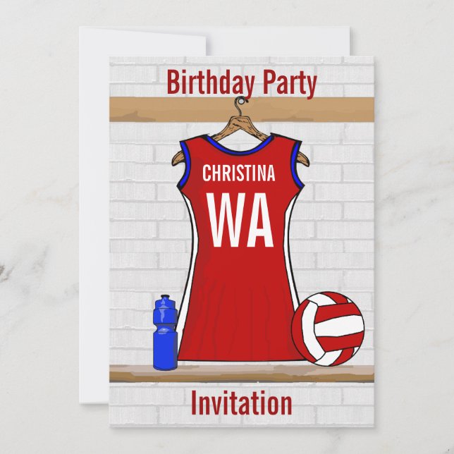 Custom Netball Uniform Red with Blue and White Invitation (Front)