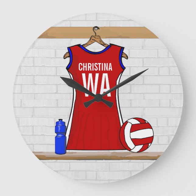 Custom Netball Uniform Red with Blue and White Large Clock (Front)