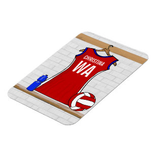 Custom Netball Uniform Red with Blue and White Magnet