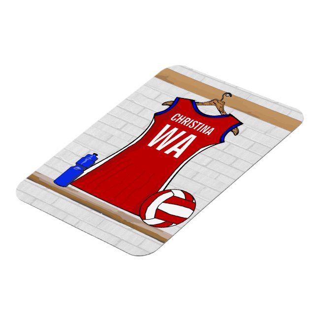 Custom Netball Uniform Red with Blue and White Magnet (Left Side)