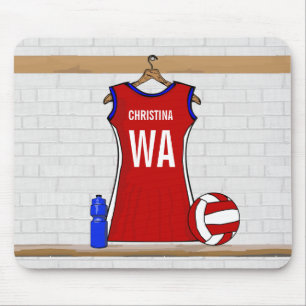 Custom Netball Uniform Red with Blue and White Mouse Mat
