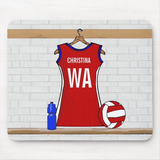 Custom Netball Uniform Red with Blue and White Mouse Mat (Front)
