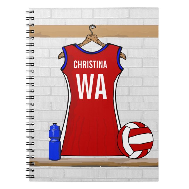 Custom Netball Uniform Red with Blue and White Notebook (Front)