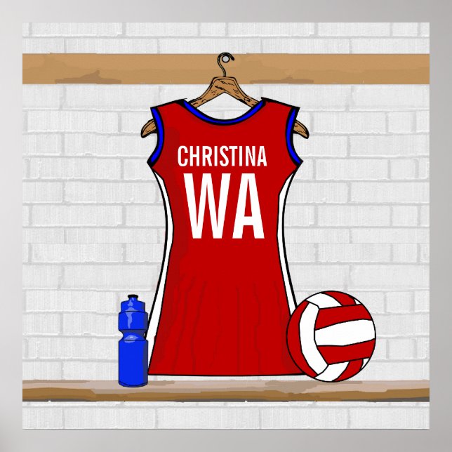 Custom Netball Uniform Red with Blue and White Poster (Front)