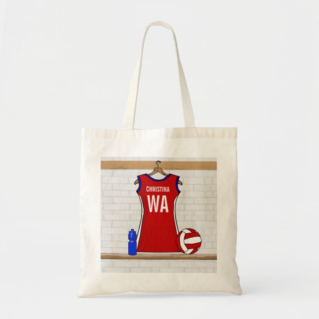 Custom Netball Uniform Red with Blue and White Tote Bag (Front)