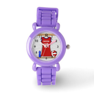 Custom Netball Uniform Red with Blue and White Watch