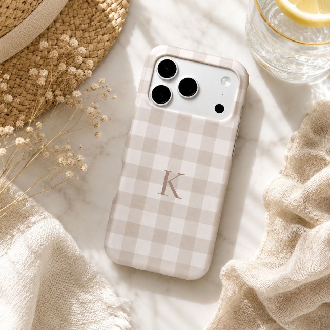 Custom Neutral Beige Gingham Heirloom Monogram (Neutral beige gingham personalized phone case with timeless heirloom-inspired custom initial)