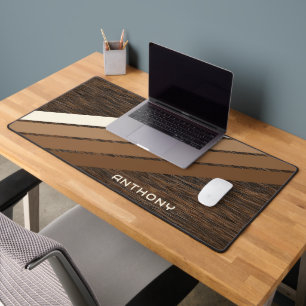 Custom Neutral Brown Stripes Art On Faux Wood Desk Mat