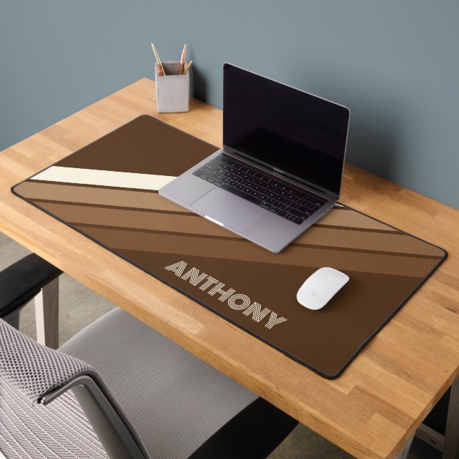 Custom Neutral Earth Tones Stripes Art On Brown Desk Mat (Office 2)