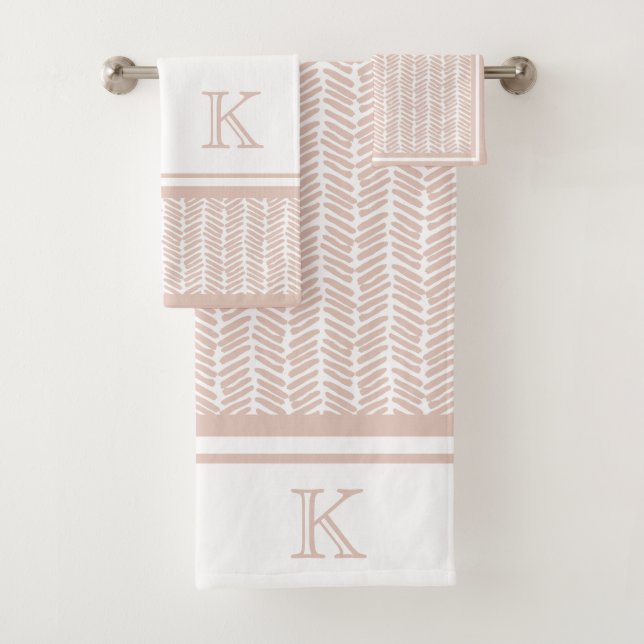 Custom Neutral Earthy Sand Zigzag Stripes Art Bath Towel Set (Insitu)