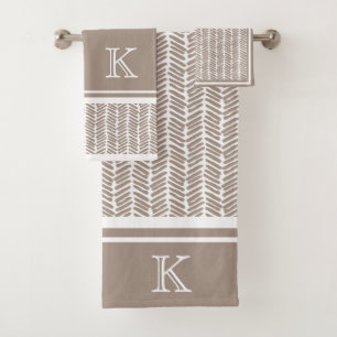Custom Neutral Earthy Taupe Zigzag Art Stripes Bath Towel Set