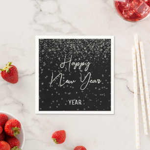 Custom New Year Glowing Silver Confetti On Black Napkin