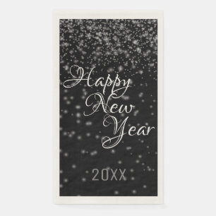 Custom New Year Glowing Silver Confetti On Black Napkin