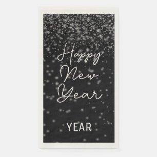 Custom New Year Glowing Silver Confetti On Black Napkin