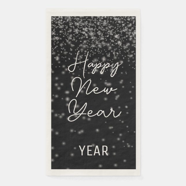 Custom New Year Glowing Silver Confetti On Black Napkin (Front)