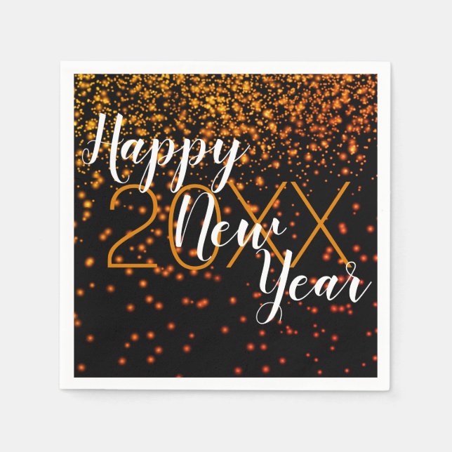 Custom New Year Orange Confetti Glow On Black Napkin (Front)