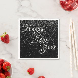 Custom New Year Silver Glow Confetti On Black Napkin