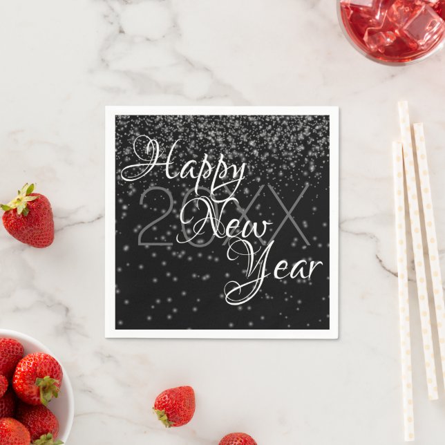 Custom New Year Silver Glow Confetti On Black Napkin (Insitu)