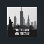 Custom New York Trip Skyline Statue of Liberty 15 Cm Square Badge<br><div class="desc">Customise these chic New York city vacation buttons for your family trip to the big apple. This modern keepsake features a great black and white drawing of the Manhattan skyline and the Statue of Liberty above your personalised text. Cool skyscrapers souvenir for your trip.</div>