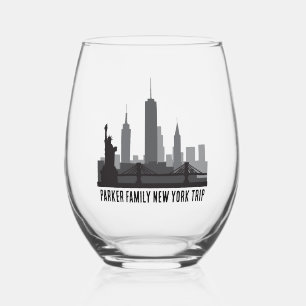 Custom New York Trip Skyline Statue of Liberty Stemless Wine Glass