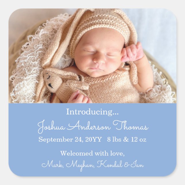 Custom Newborn Photo Birth Announcement Blue Square Sticker (Front)