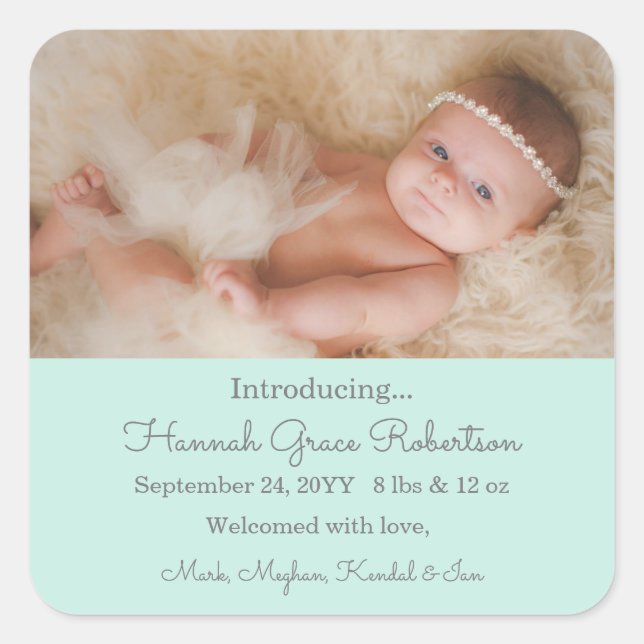 Custom Newborn Photo Birth Announcement Square Sticker (Front)