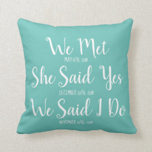 Custom Newly Weds Wedding Date Teal and White Cushion